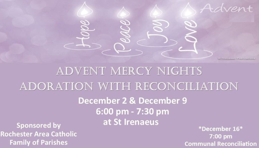 Family of Parishes – Advent Mercy Nights – Dec. 2 & Dec. 9; Communal Reconciliation Dec. 16 at St. Irenaeus