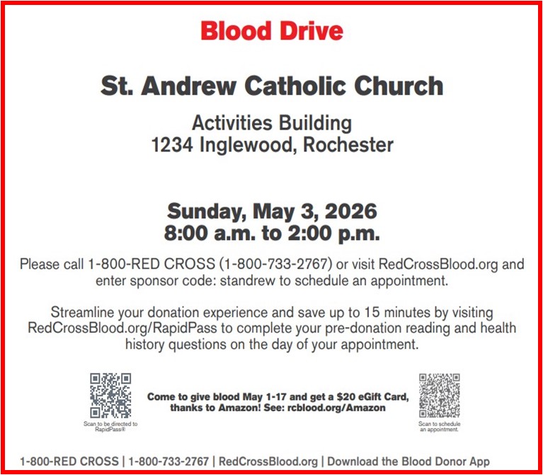 Red Cross Blood Drive – Sunday, May 3 – 8 am-2 pm in the Activities Building