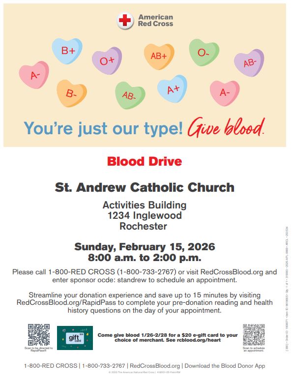 Red Cross Blood Drive – Sunday, February 15 – 8 am-2pm in the Activities Building