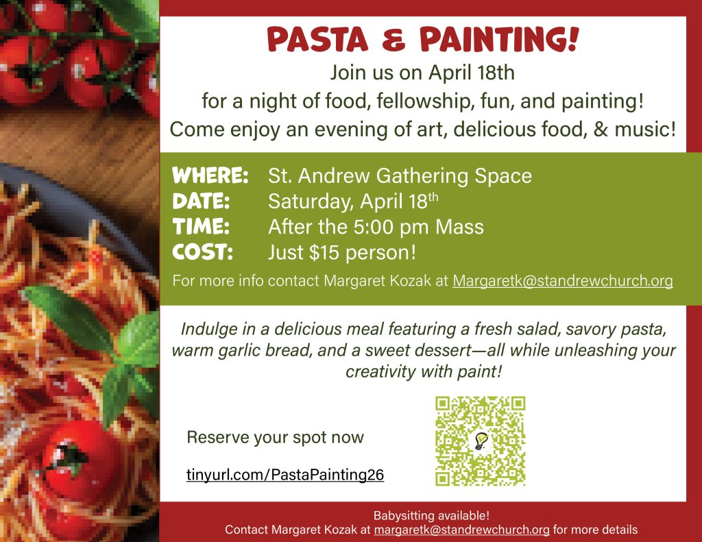PASTA & PAINTING! Saturday, April 18 after 5 pm Mass